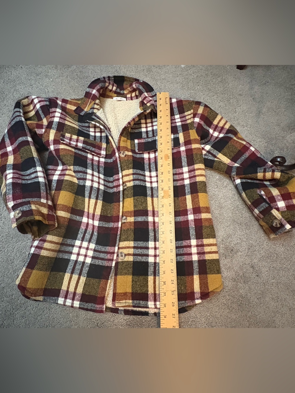 Men's Plaid Sherpa-Lined Button-Down Shirt Jacket - Mustard & Burgundy